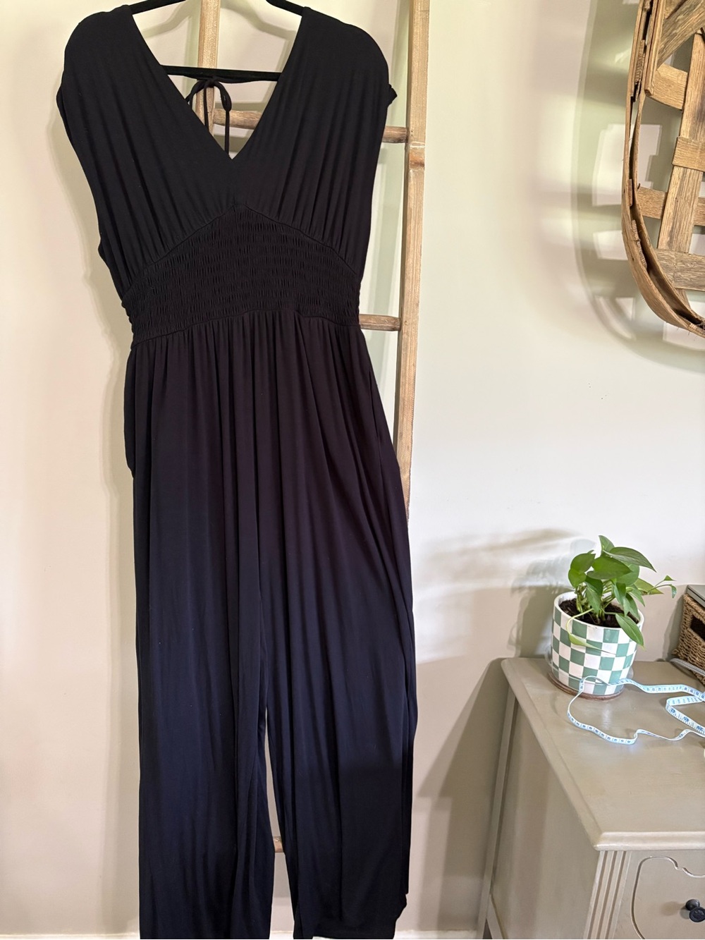 Old Navy Black V-Neck Smocked-Waist Knit Jumpsuit